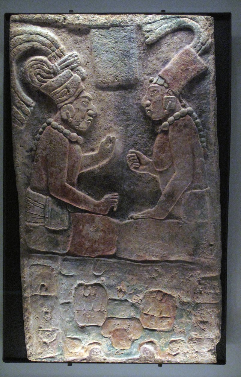 Kaksi istuvaa miestä, El Chicozapote, Usumacinta, myöhäisklassinen aika, 600-900 jKr. tekijältä Mayan