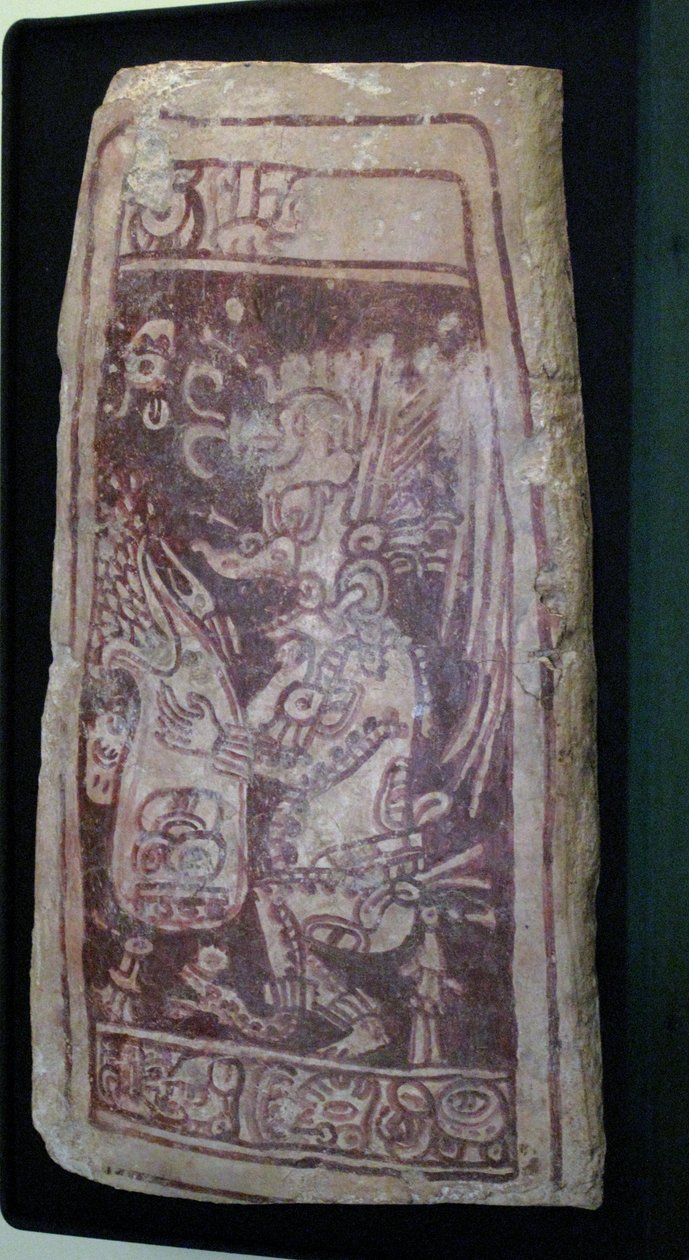 Holvin kansi, jossa on maalaus K"Awiilin jumalasta ja hieroglyfiteksti, Chenesin alue, Yucatan, myöhäisklassinen aika, 600-900 jKr. tekijältä Mayan