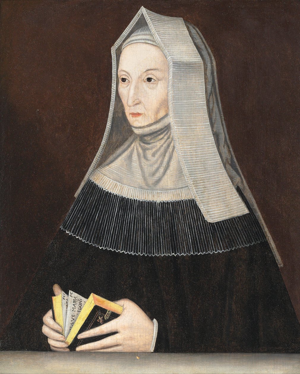 Lady Margaret Beaufortin (1441-1509) muotokuva, puolipitkä, mustissa kaapuissa ja valkoisessa asussa, rukouskirja kädessään (öljy paneelissa) tekijältä Maynard (manner of) Vewicke