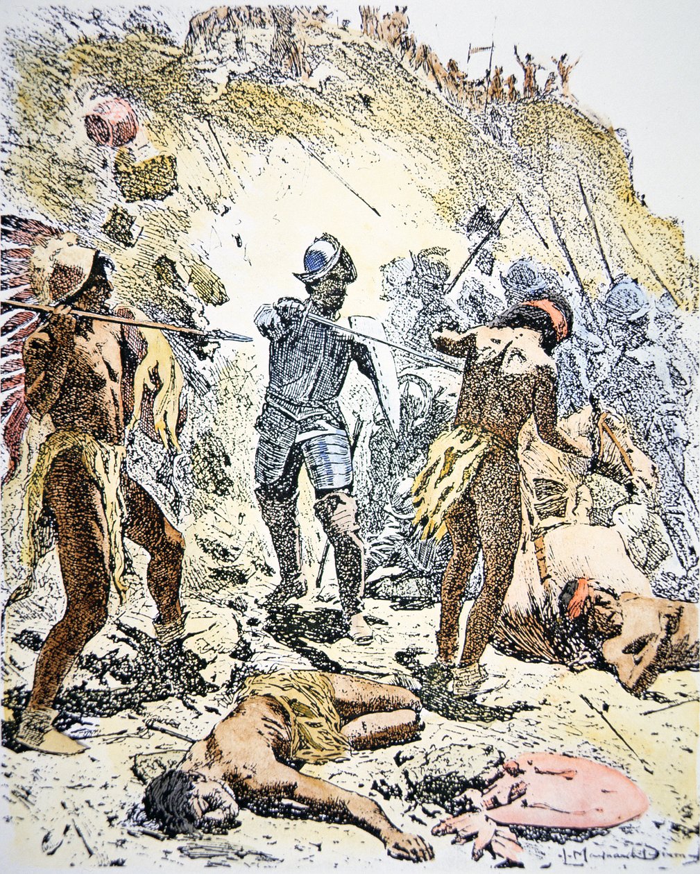 Pueblo-intiaanien kapina vuonna 1680 (värillinen kaiverrus) tekijältä Maynard Dixon