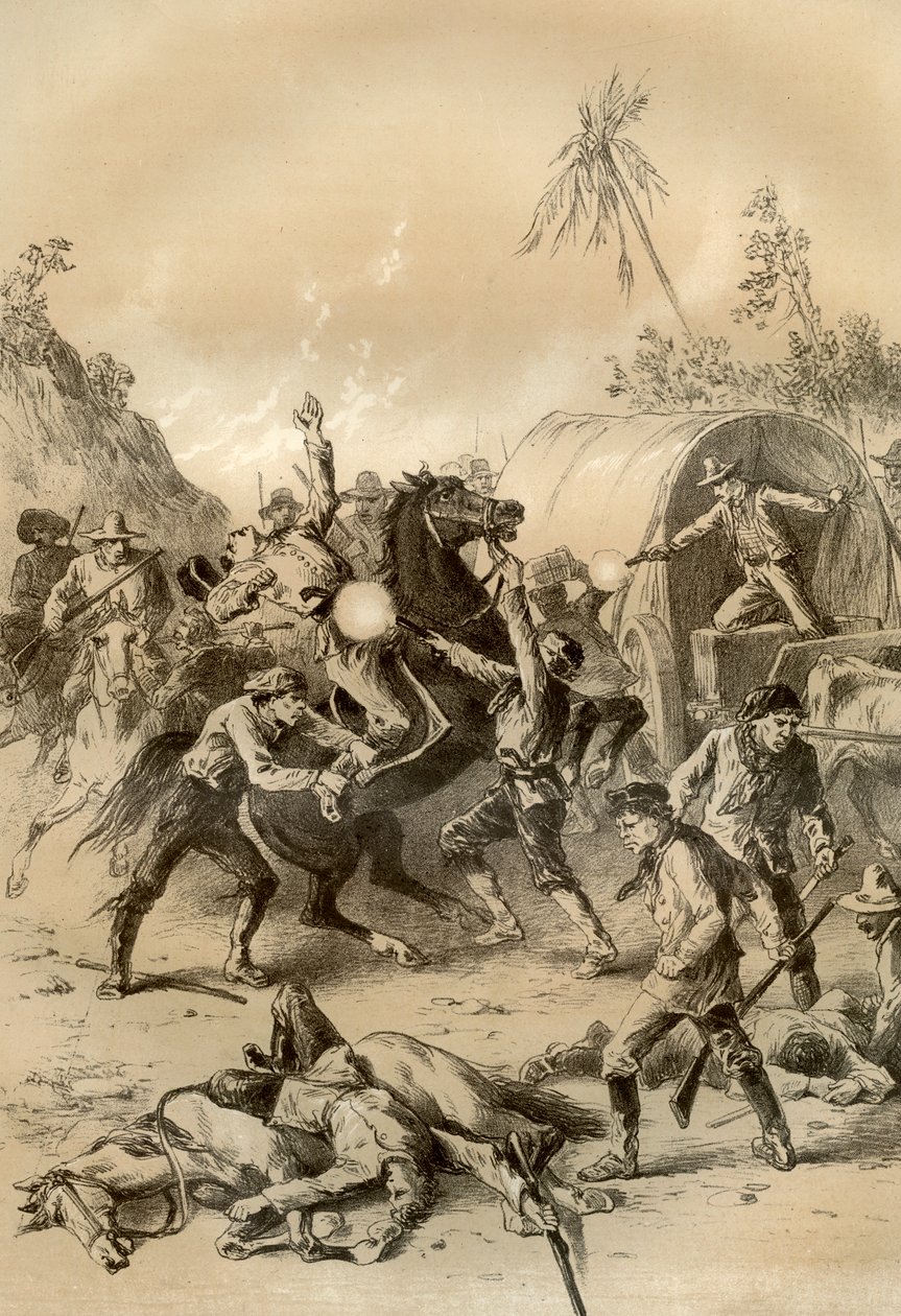 Bushrangers hyökkäsi kultasaattajaan Australiassa, 1879 tekijältä McFarlane and Erskine