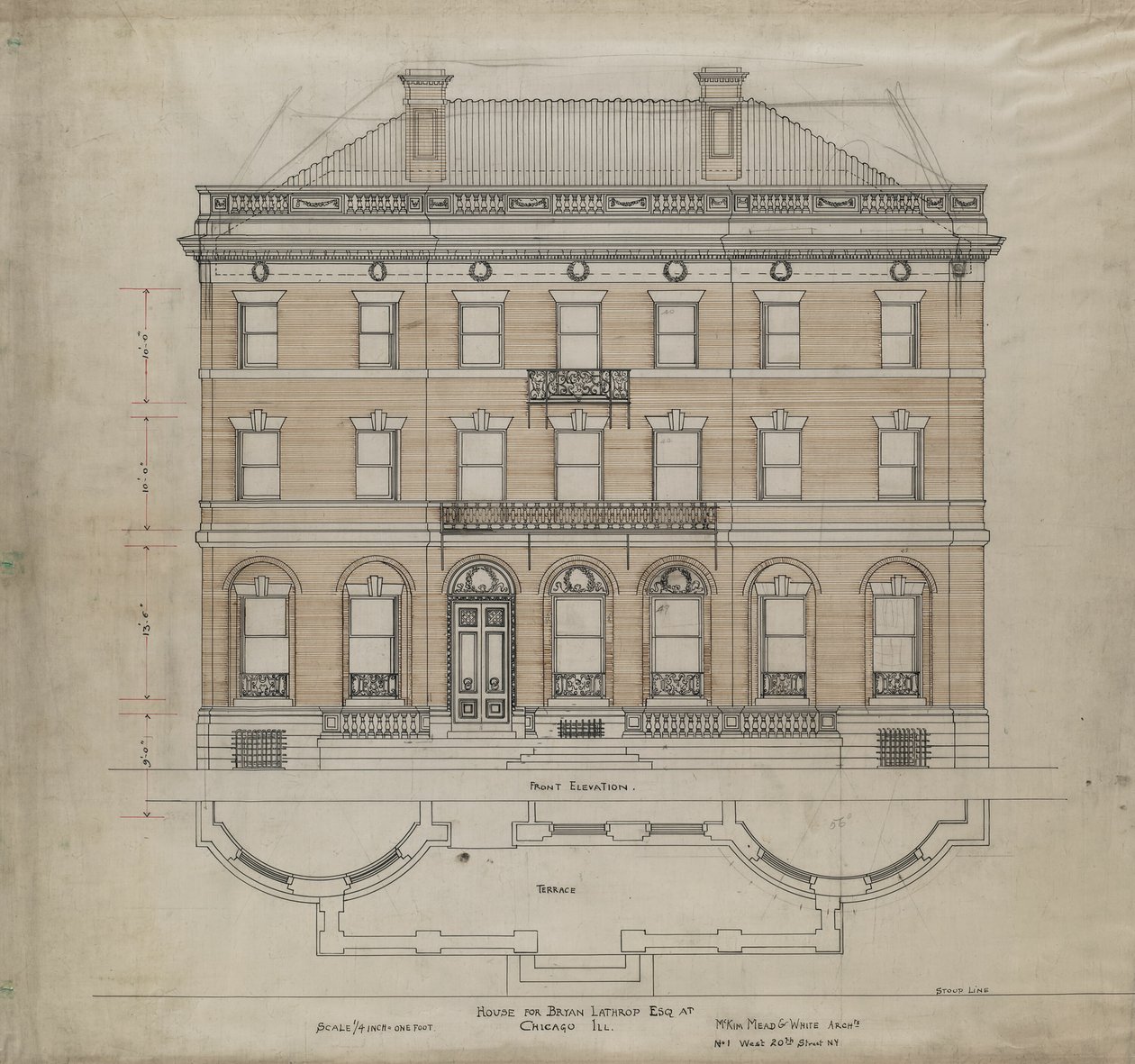 Bryan Lathrop House, Chicago, Illinois, Front Elevation and Terrace Plan, 1892. tekijältä Mead and White McKim