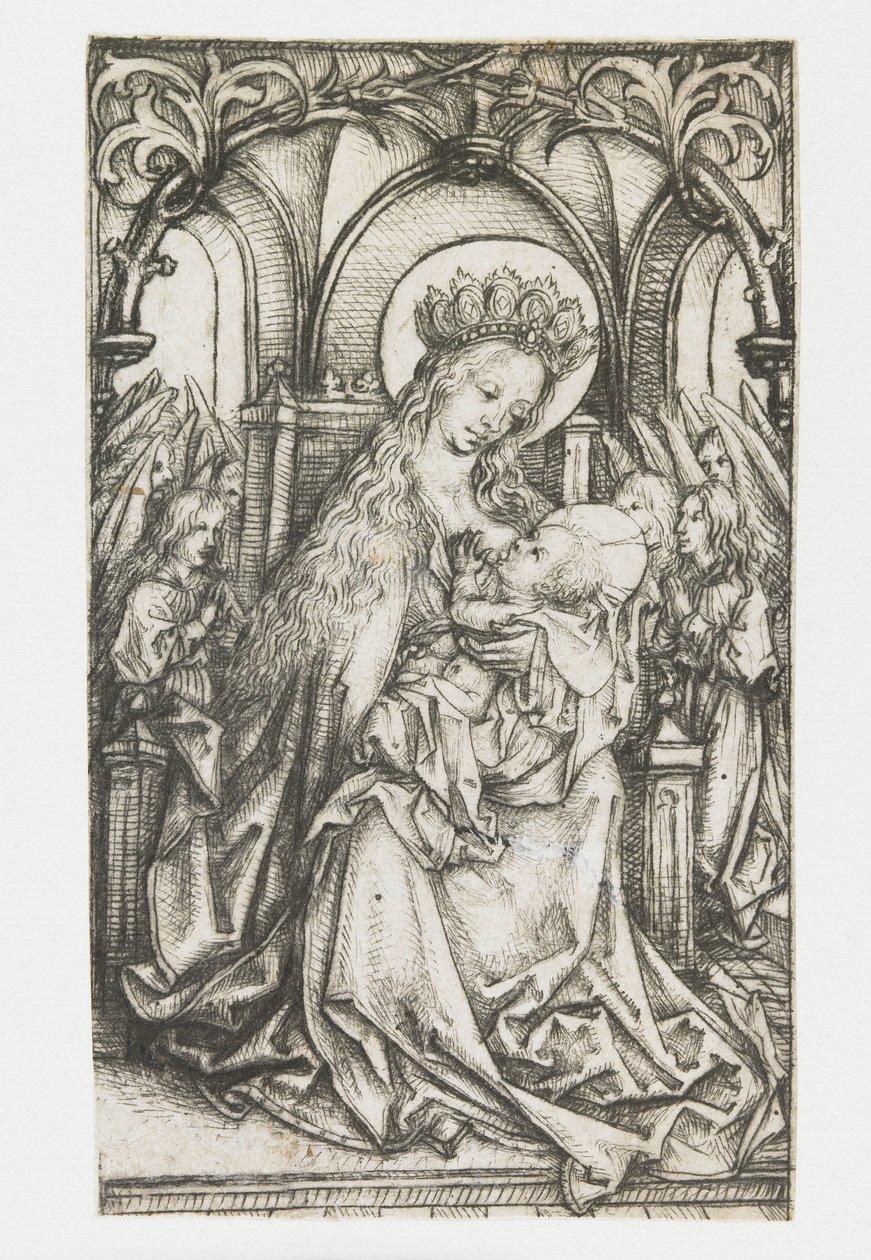 Valtaistuimella istuva Madonna, jota enkelit palvovat tekijältä Meester van het Amsterdamse Kabinet