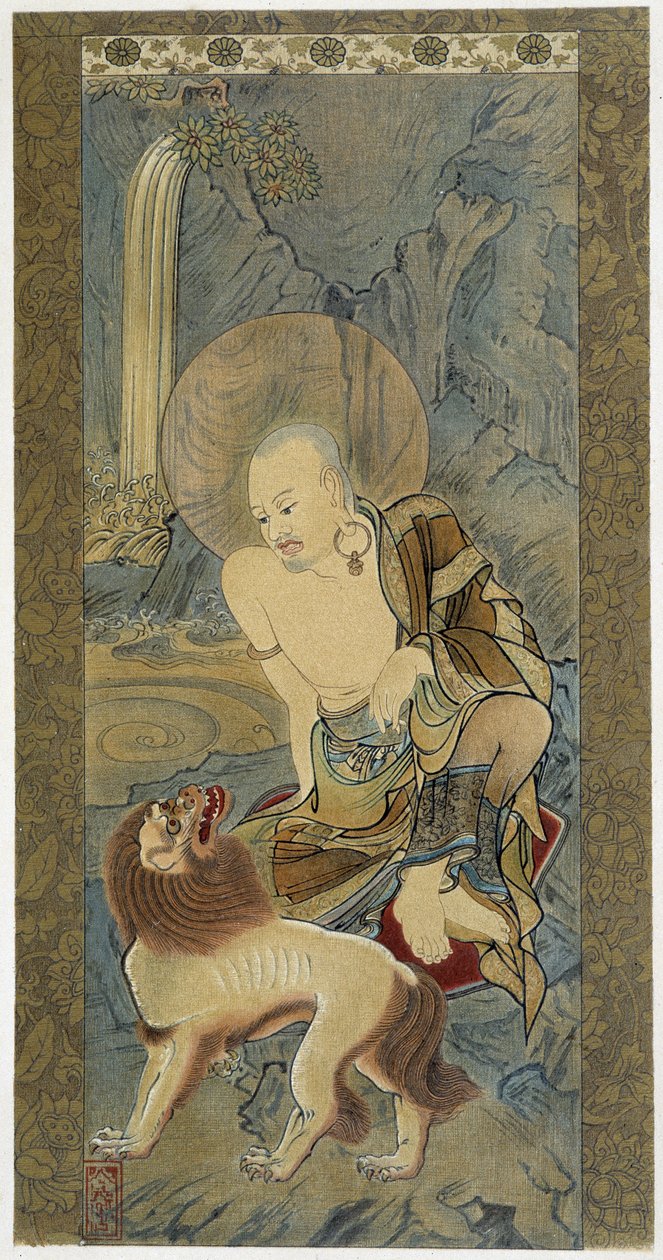 Mies leijonan kanssa. Meichon (1427-1532) maalaus silkille. tekijältä Meicho