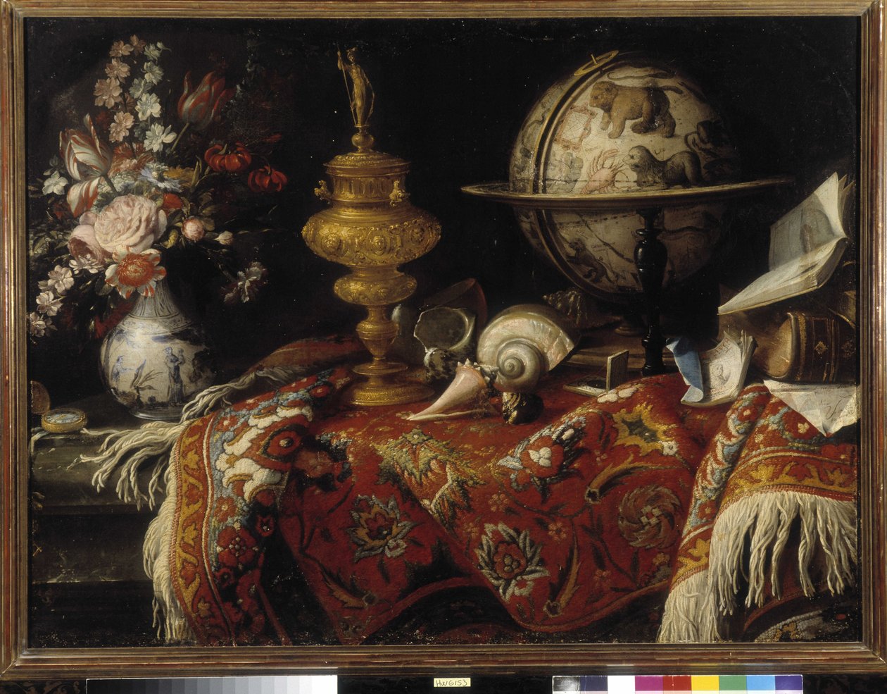 Maljakko kukkia, astraalipallo, kirjoja ja kultateoksia matolla. Meiffren Conten (tai kreivi) maalaus (1630-1705) Pakollinen maininta: Collection fondation regards de Provence, Marseille (cm 92x121) tekijältä Meiffren (c.1630 1705) Conte