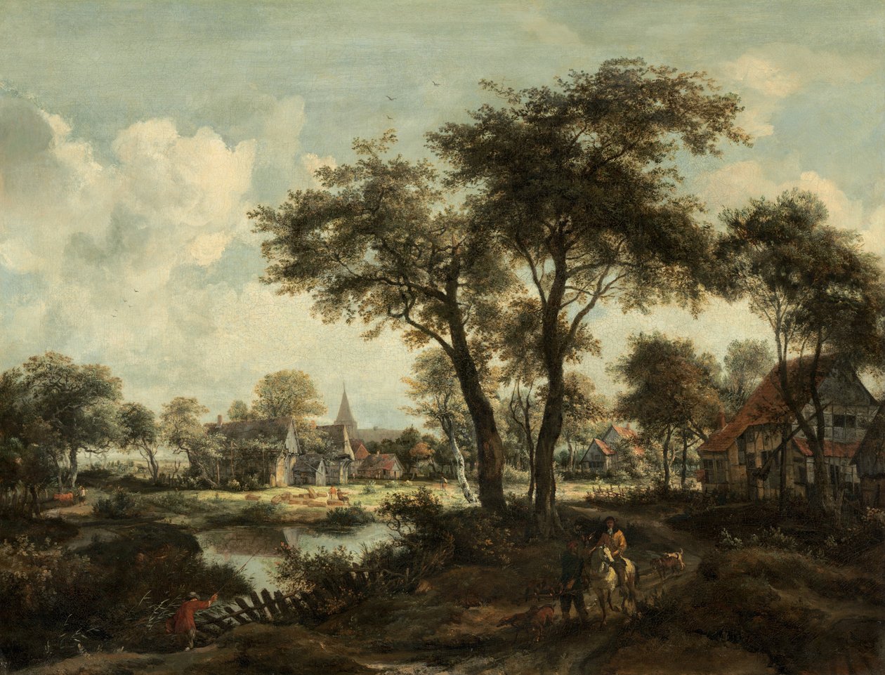 Kylä uima-altaan lähellä, c. 1670. tekijältä Meindert Hobbema