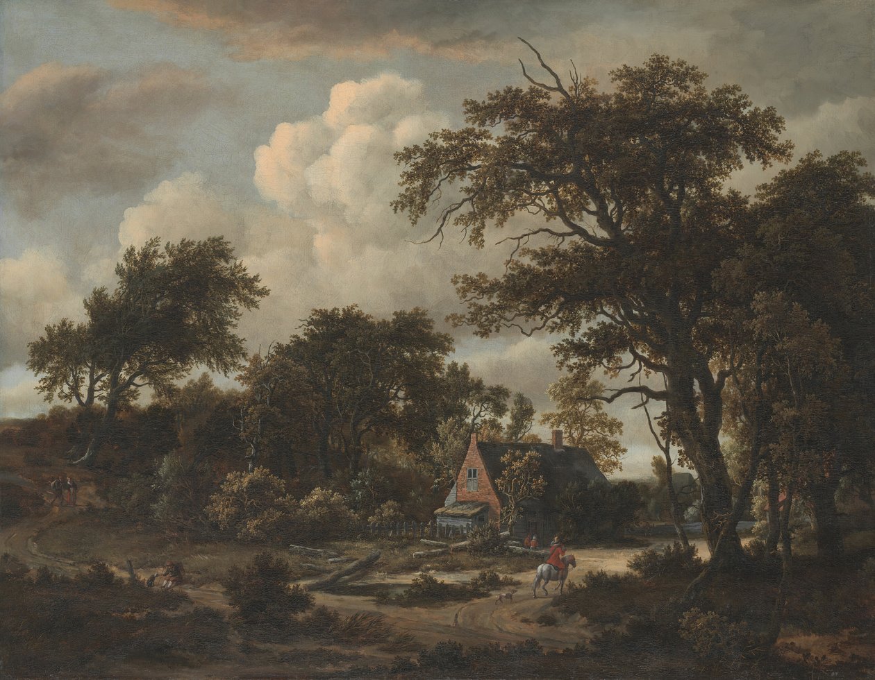Metsäinen maisema mökin ja ratsumiehen kanssa, 1663. tekijältä Meindert Hobbema