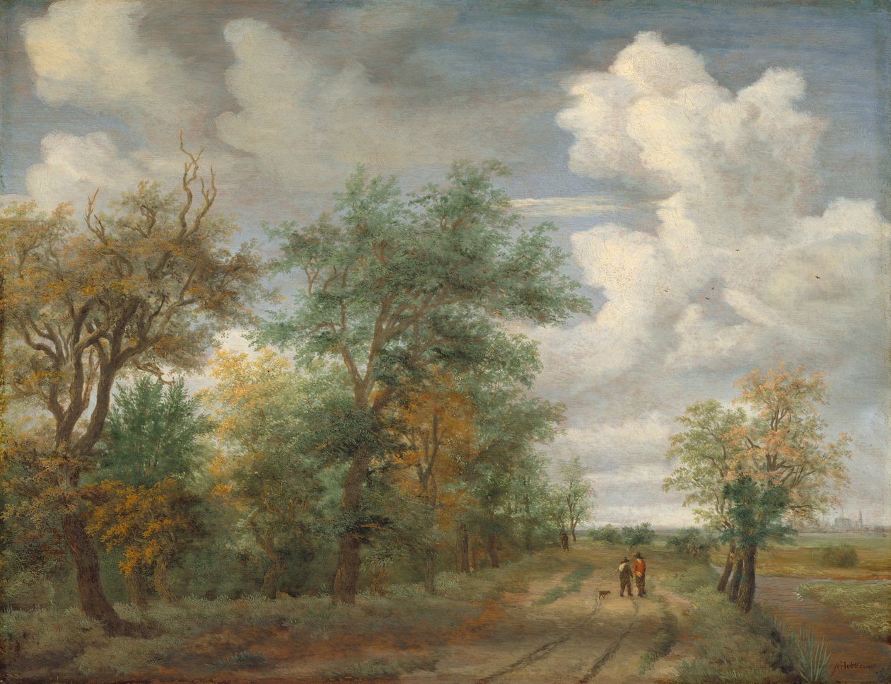 Metsäinen maisema hahmoineen, n. 1658. tekijältä Meindert Hobbema
