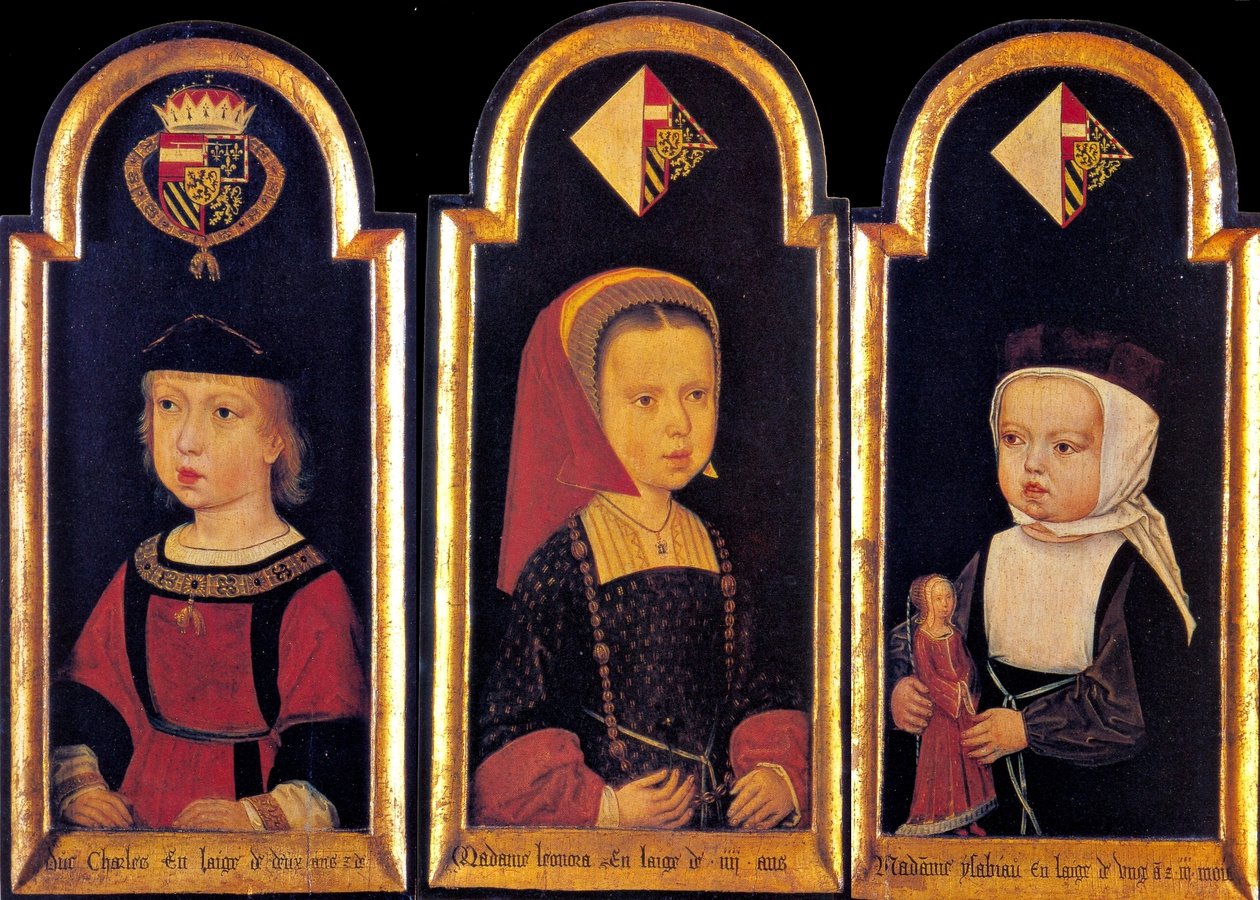 Arkkiherttua Charles, myöhempi Pyhän Rooman keisari Kaarle V. sisarustensa Eleonoren ja Isabellan kanssa 2 -vuotiaana. tekijältä Meister der St. Georgsgilde der St. Georgsgilde