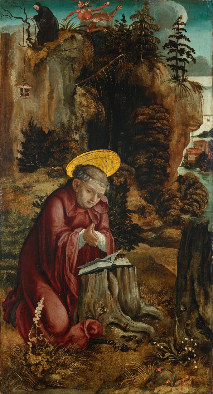 St. Benedict Subiacon luolan edessä tekijältä Meister des Innerochsenbacher Annenaltars