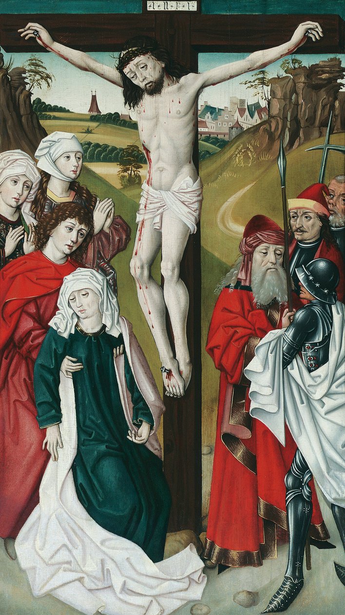 Kristuksen ristiinnaulitseminen tekijältä Meister des Schottenaltars (Werkstatt)