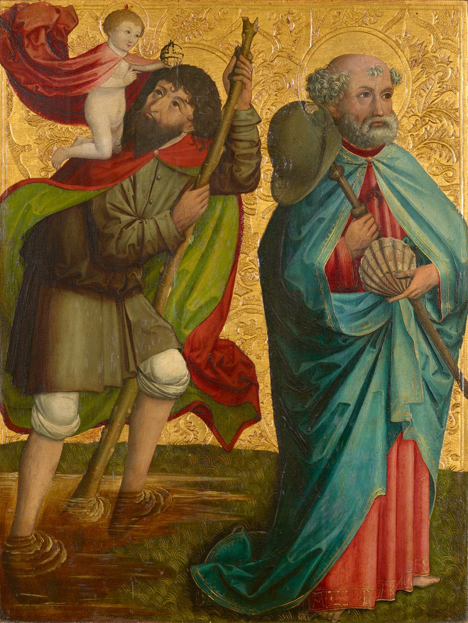 Niin kutsutun Pretschlaipfer-triptyykin vasen siipi: St. Christophorus ja Jakobus Major (sisällä); Julistus Marialle (ulkopuolella) tekijältä Meister von Großgmain (Werkstatt)