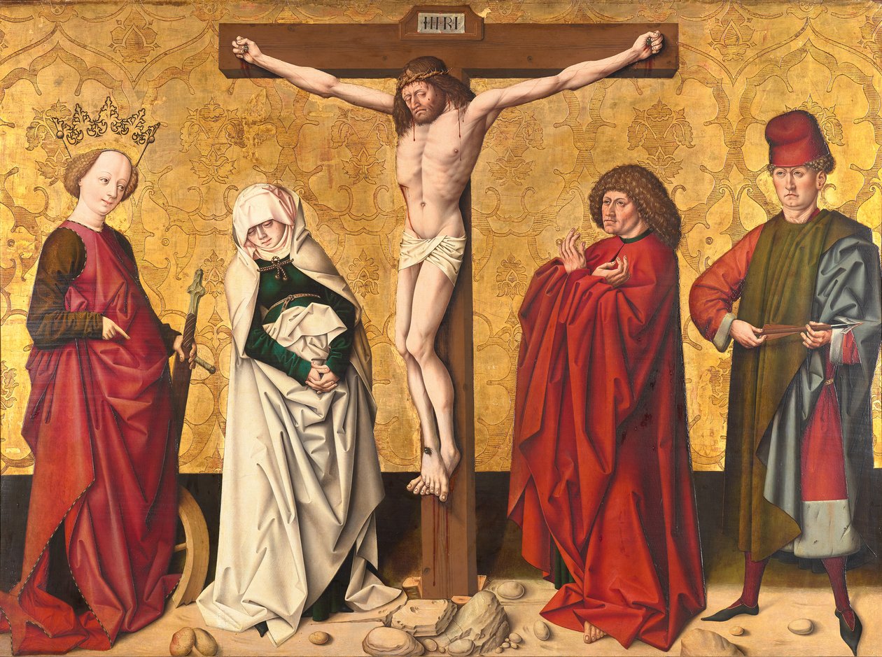 Kristus ristillä St. Mary ja John, Catherine ja Sebastian tekijältä Meister von Großgmain
