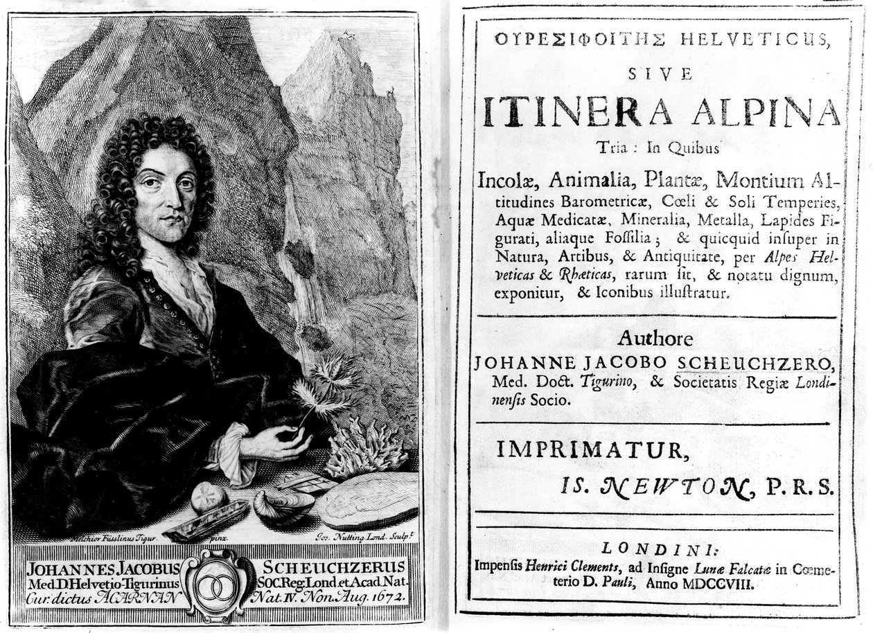 Johann Jakob Scheuchzerin "Itinera Alpina Tria" etukuva ja nimiölehti, kaiverrettu Joseph Nuttingin toimesta, julkaistu 1708. tekijältä Melchior Fusslinus Tigur