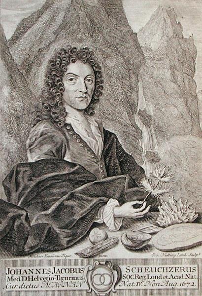 Johann Jacob Scheuchzerin muotokuva, Scheuchzerin Itinera Alpina -teoksen etupuoli, kaiverrus Joseph Nutting (n. 1660-1722), julkaistu 1706 (kaiverrus) tekijältä Melchior Fusslinus (after) Tigur