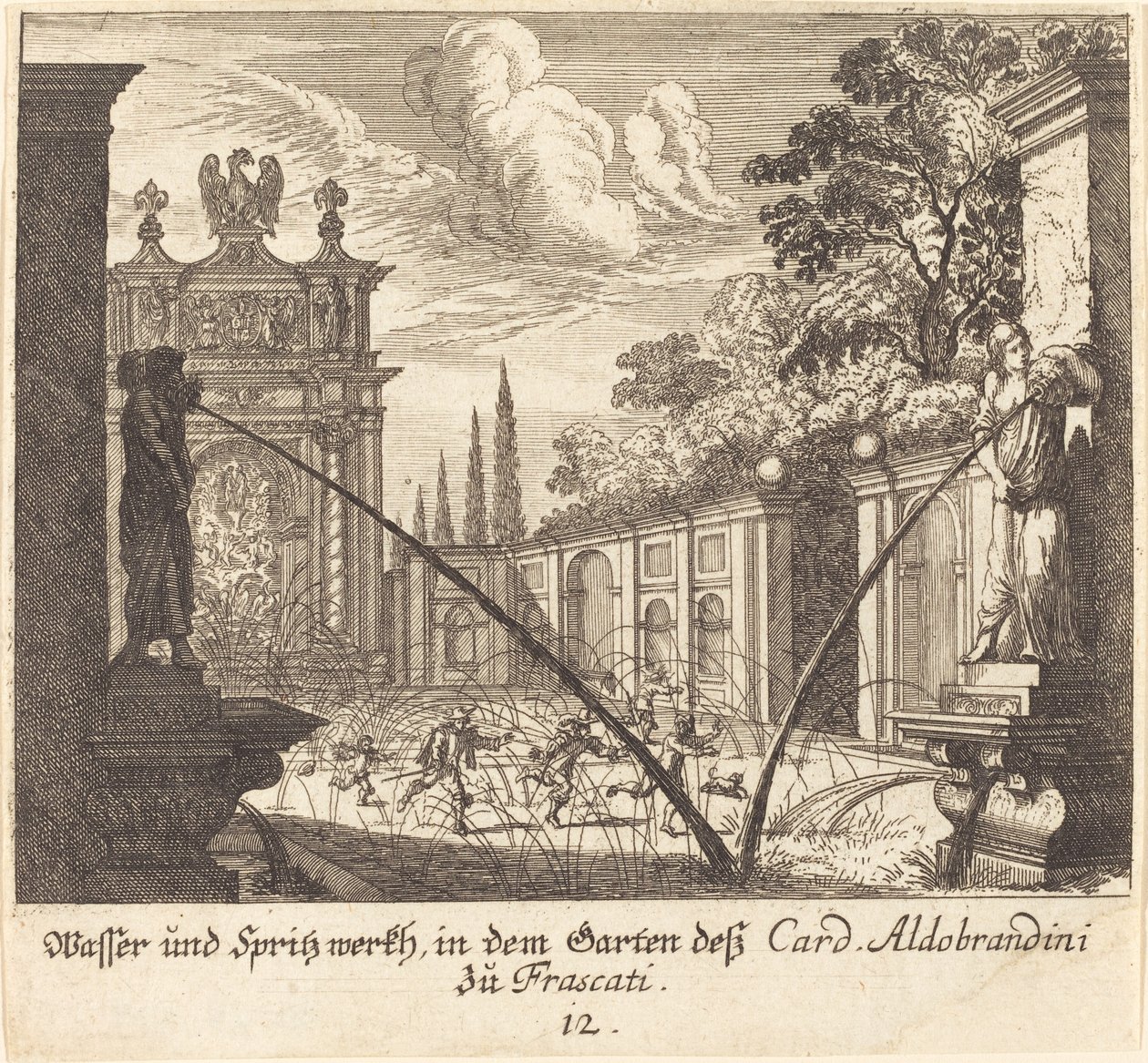 Kardinaali Aldobrandinin puutarhat, Frascati tekijältä Melchior Küsel after Johann Wilhelm Baur
