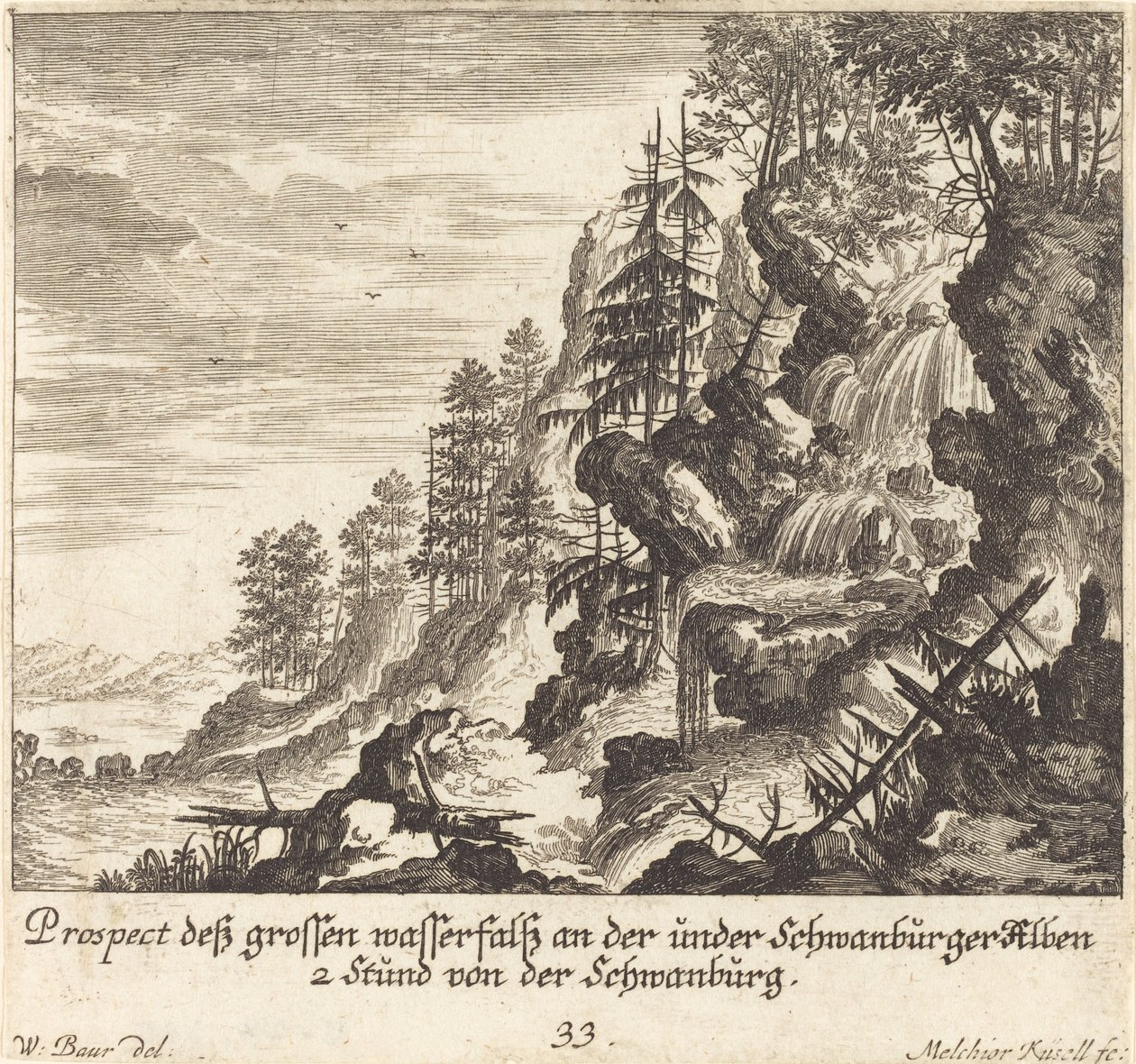 Suuri vesiputous, Schwanburg tekijältä Melchior Küsel after Johann Wilhelm Baur