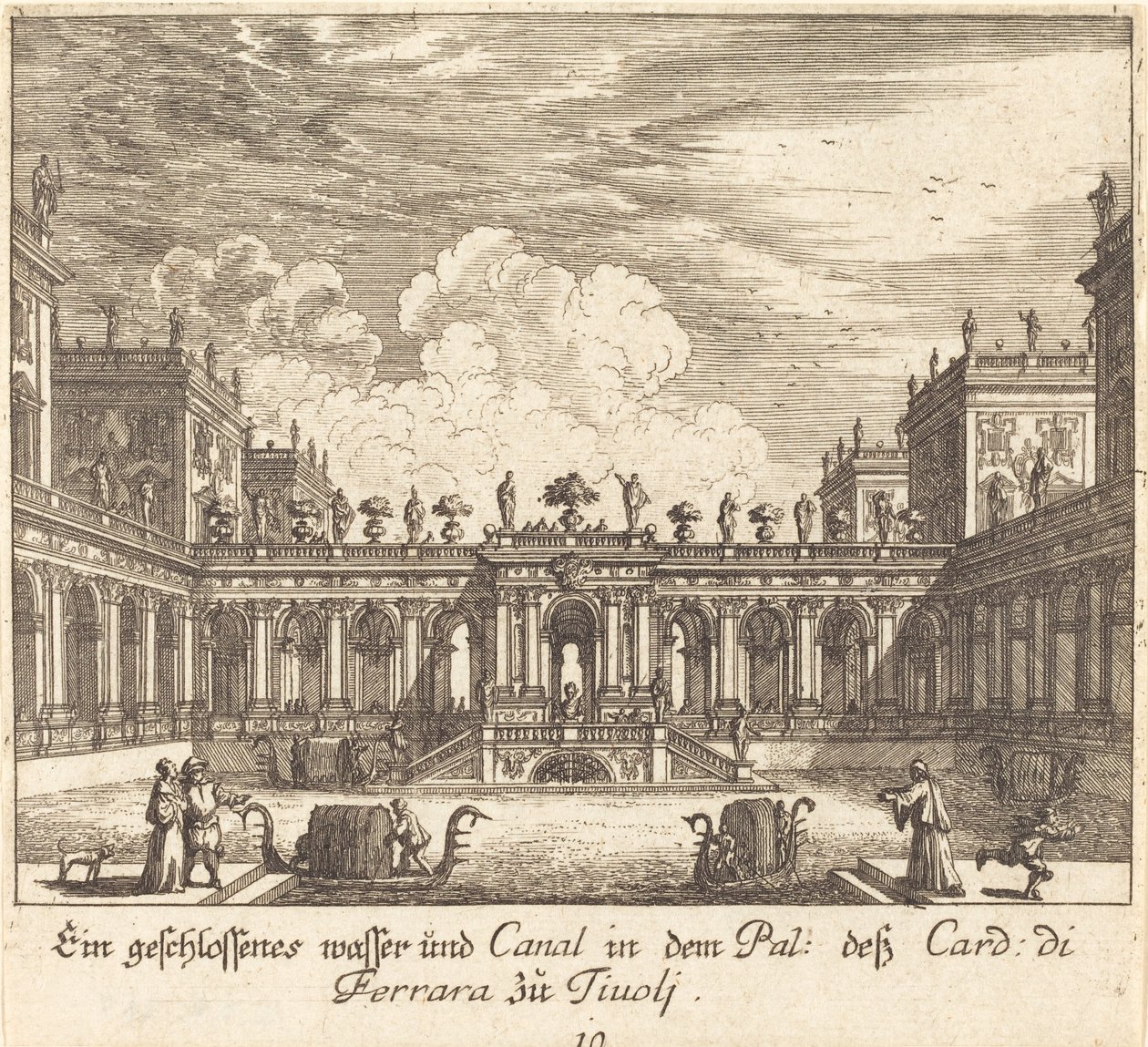 Palatsi ja kanava, Ferraran kardinaali, Tivoli tekijältä Melchior Küsel after Johann Wilhelm Baur