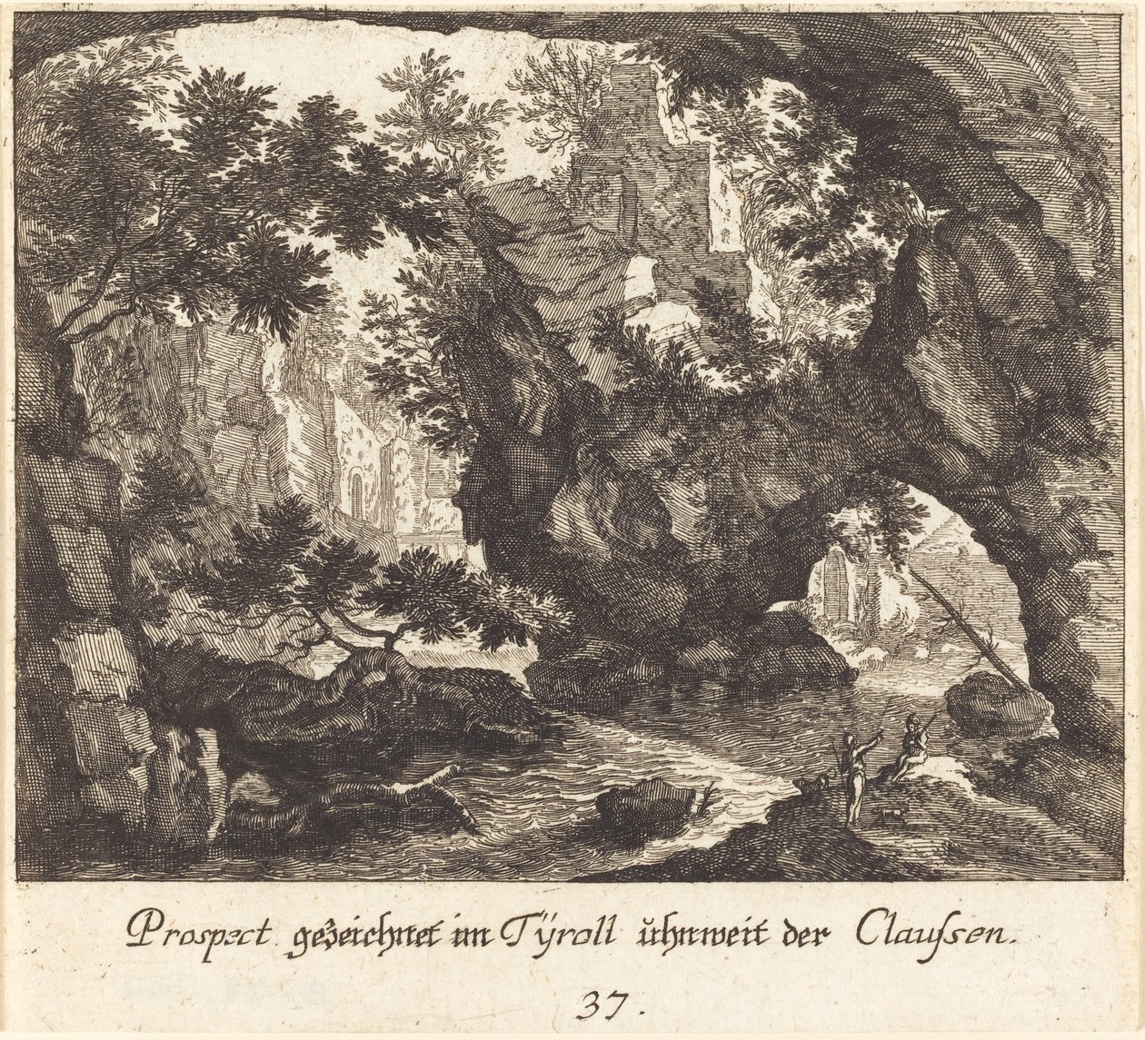 Tirolin maisema tekijältä Melchior Küsel after Johann Wilhelm Baur