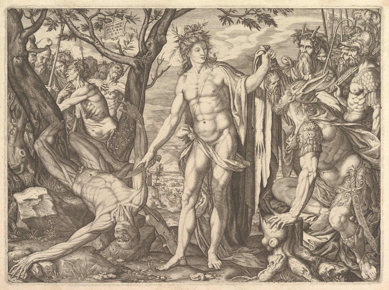 Apollo ja Marsyas ja Midaksen tuomio: oikealla Midas ja aasin korvat..., 1581. tekijältä Melchior Meier