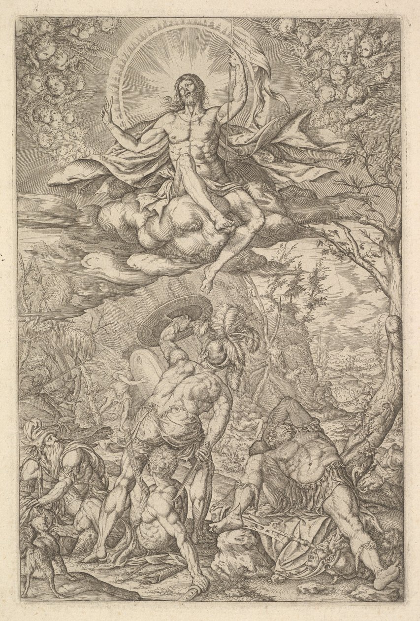 Kristuksen ylösnousemus, jota ympäröivät aureoli ja pilvet, joissa on siivekäs putti..., 1577. tekijältä Melchior Meier