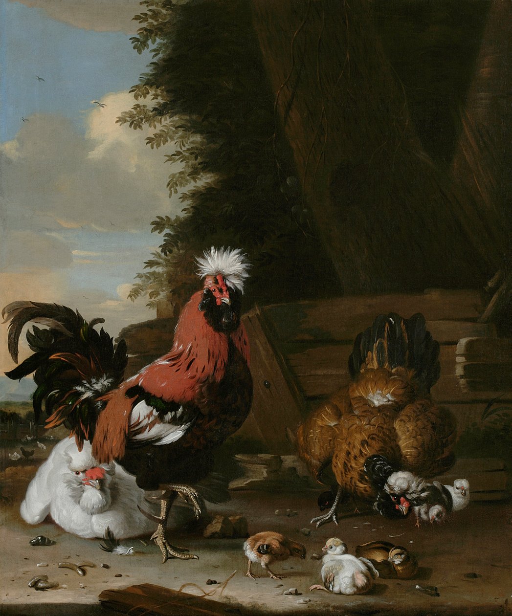 Bantam Cockerel kanojen ja poikasten kanssa maatilapihalla tekijältä Melchior de Hondecoeter