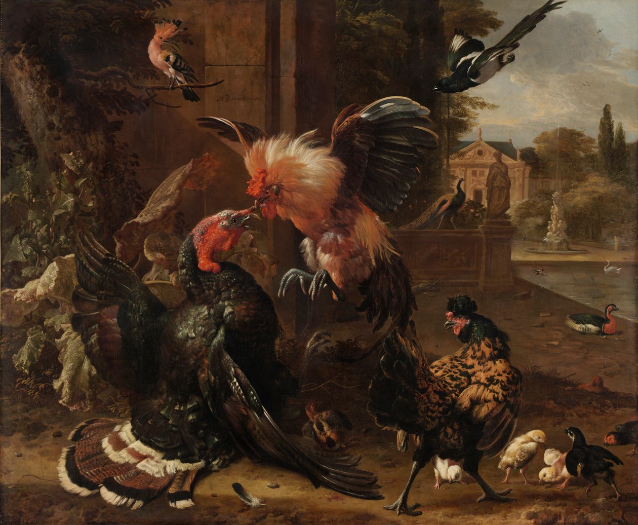 Kukon ja kalkkunan taistelu, n. 1680. tekijältä Melchior de Hondecoeter