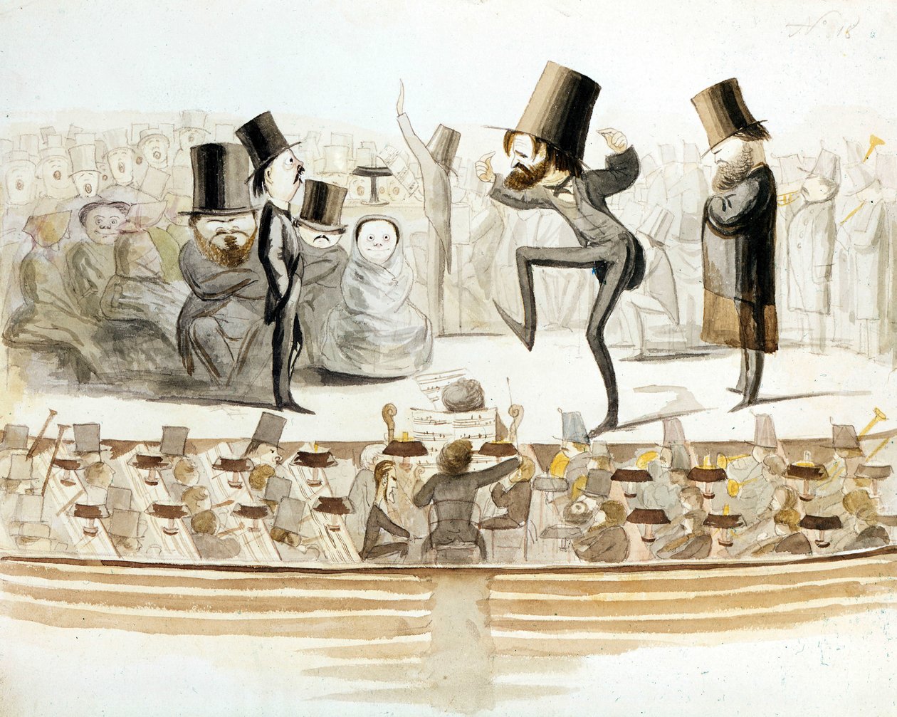 Giuseppe Verdi (1813-1901), italialainen säveltäjä, joka toisti kappaleen "Un ballo in Maschera" (Un Bal naamio) Tenor Fraschinin ja sopraano Fioretin kanssa. Sarjakuva Melchiorre Delfico. Milanolainen. tekijältä Melchiorre Delfico
