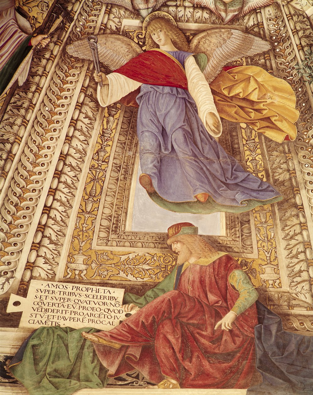 Aamos ja enkeli pitelevät Kristuksen kärsimyksen pihtejä, Pyhän Markuksen sakristin kupolista, n. 1477 (498726:n yksityiskohta) tekijältä Melozzo da Forli