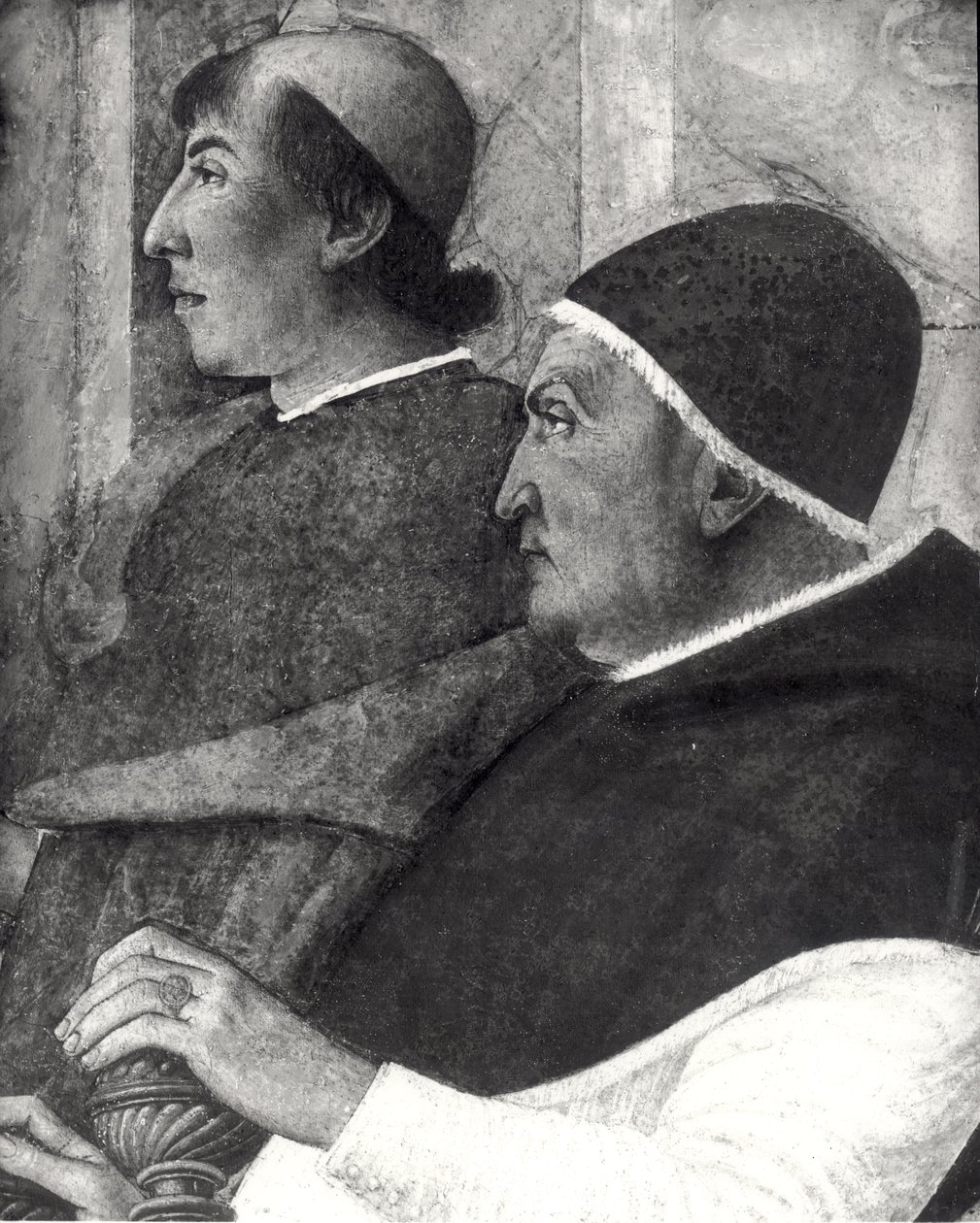 Paavi Sixtus IV (1414-84) (Francesco della Rovere) kardinaalin kanssa asetti Bartolommeo Platinan Vatikaanin kirjaston johtajaksi (yksityiskohta) tekijältä Melozzo da Forli