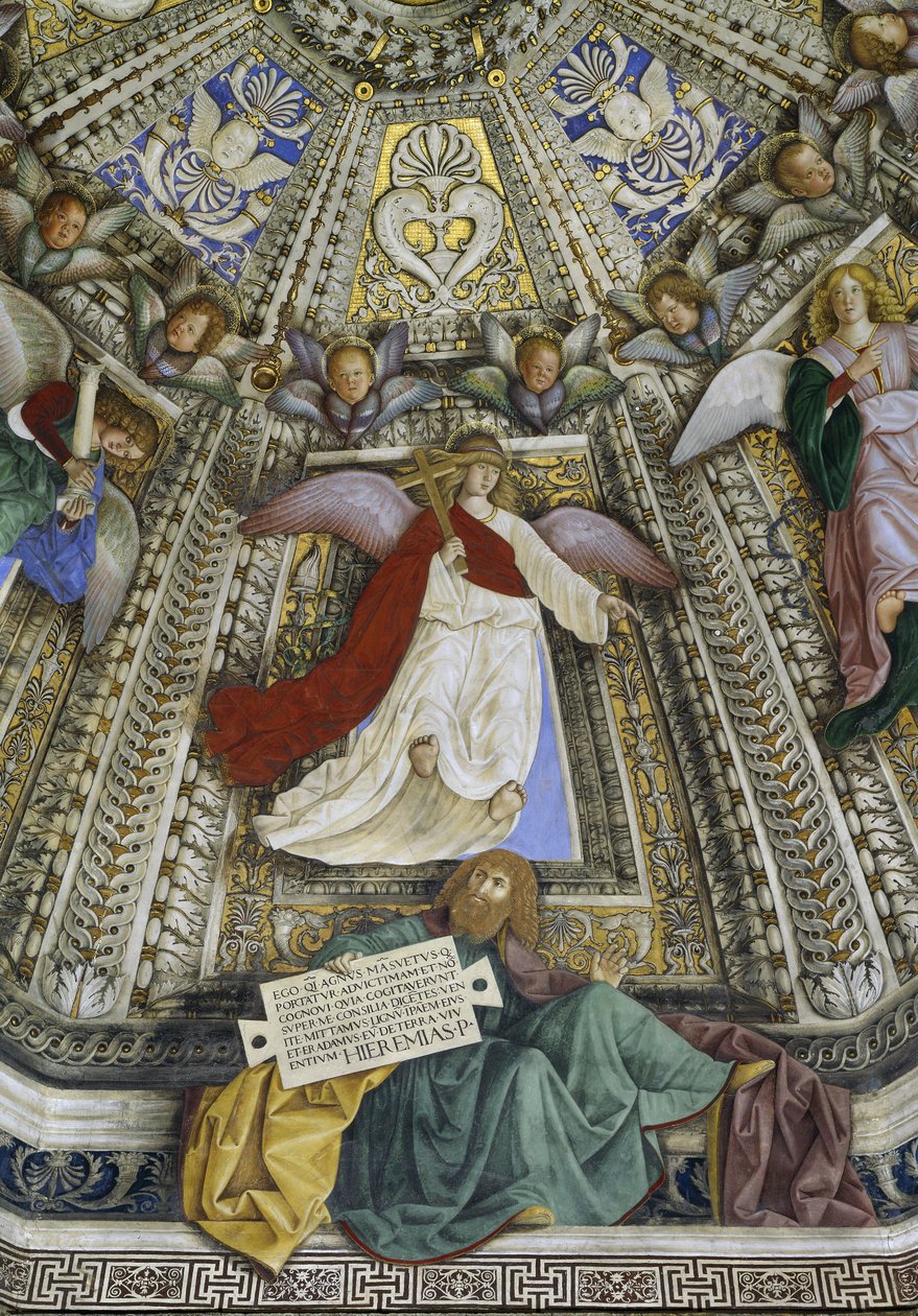 Profeetta Jeremia ja enkeli, Pyhän Markuksen sakristin kupoli, Santuario della Santa Casa, Loreto, n. 1477-93 (fresko) tekijältä Melozzo da Forli