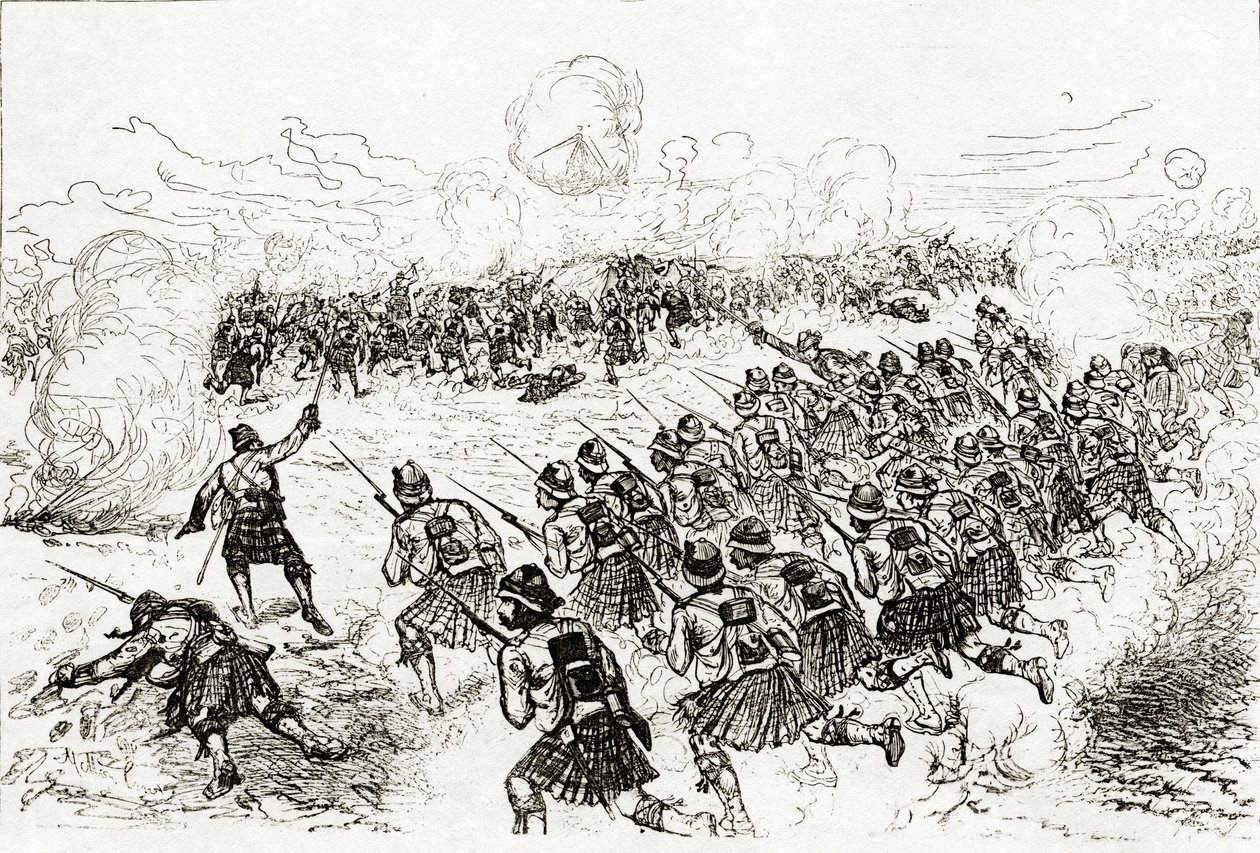 Tel el-Kebirin taistelussa tunkeutuvia raivauksia tuottava Black Watch julkaistiin The London Illustrated Newsissa lokakuussa 1882 tekijältä Melton Prior