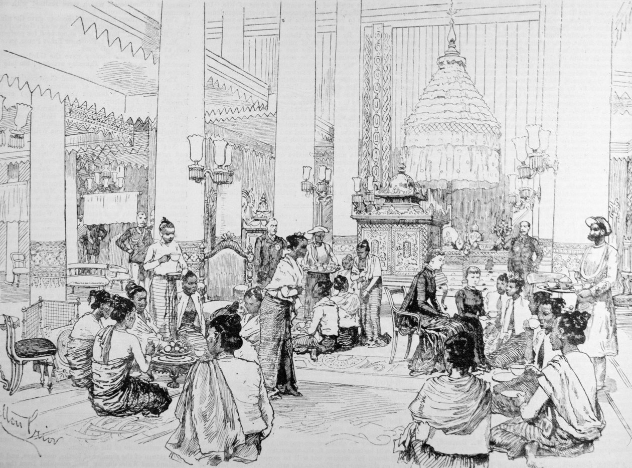 Intian varakuningas Burmahissa: Burmalaiset naiset juomassa teetä Lady Dufferinin kanssa Mandalayn palatsissa, "The Illustrated London News", 4. maaliskuuta 1886 tekijältä Melton Prior