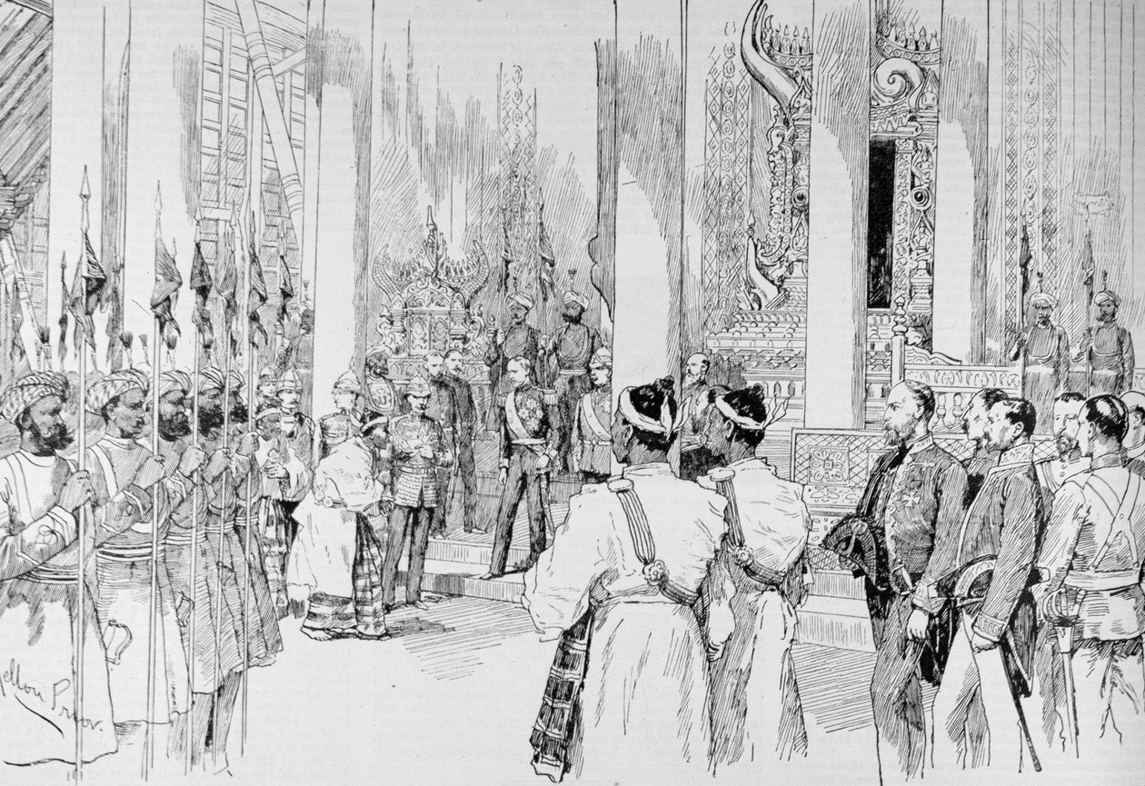 Lordi Dufferin pitelee Leveetä palatsin Grand Throne Roomissa Mandalayssa, The Illustrated London News, 4. maaliskuuta 1886 tekijältä Melton Prior