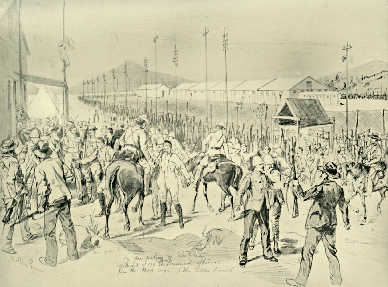 Pretorian miehitys: Brittiläisten upseerien vapauttaminen, 1901. tekijältä Melton Prior