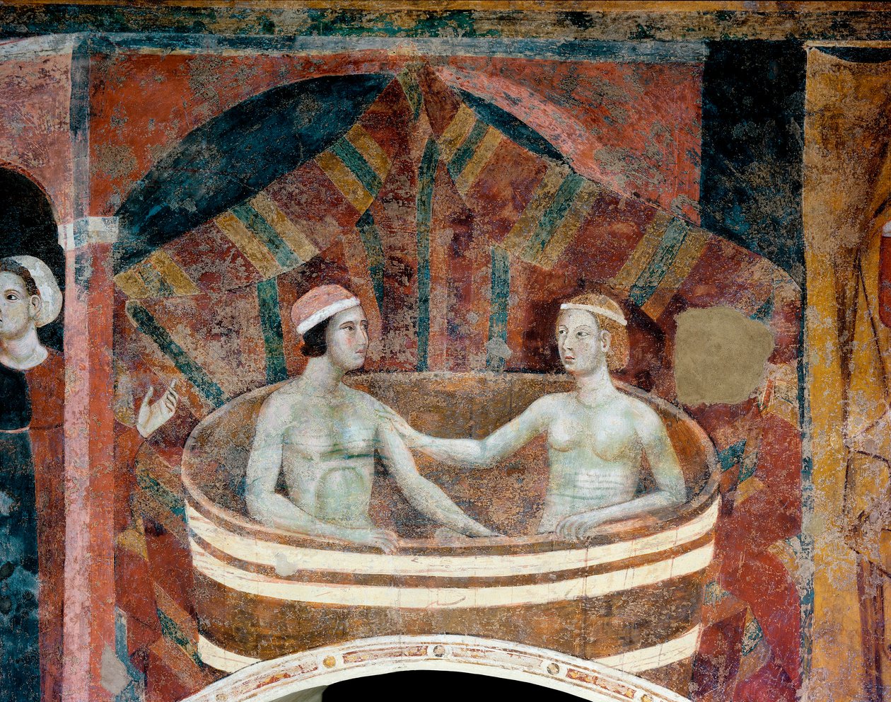 Kohtaus avioelämästä keskiajalla. Pariskunta käy vessassa roskakorissa. Yksityiskohta. (fresko, 1300-luvun alku) tekijältä Memmo di Filippuccio