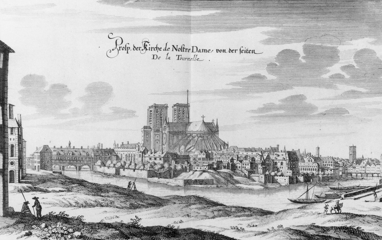 Näkymä Seinen vasemmalta rannalta Ile de la Citeen ja Notre Dameen, Martin Zeillerin Topographia Galliae -teoksesta, julkaistu 1655-61. tekijältä Merian