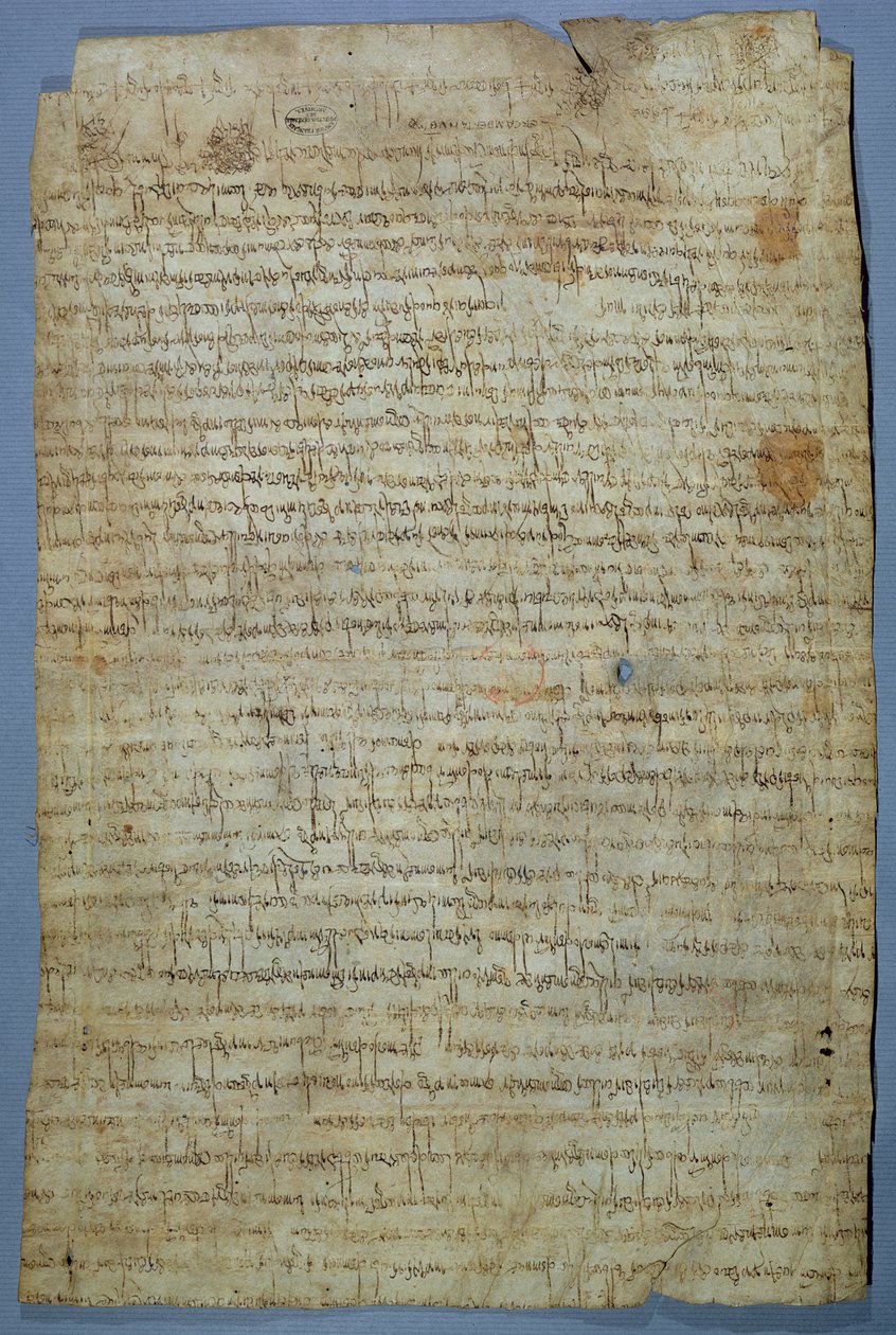 Wadomirin (Uuademir) ja hänen vaimonsa Ercambertan kirjoittama asiakirja, n. 690-691 (kynä ja muste velumiin) tekijältä Merovingian