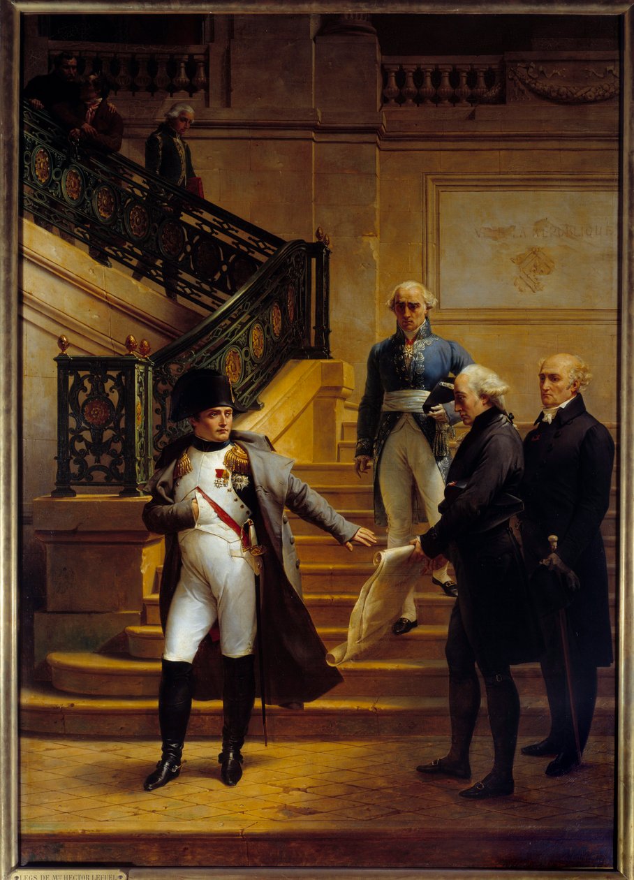 Keisari Napoleon I (1769-1821) vierailee Palais-Royalissa, Tribunaatin päämajassa, ja hylkää arkkitehtien Beaumontin ja Fontainen suunnitelmat 5.8.1807, Merry Joseph Blondelin (1781-1853) maalaus 1834 Sun. 2,27x1,63 m Palais Royal, Pariisi - Keisari Napo tekijältä Merry Joseph Blondel