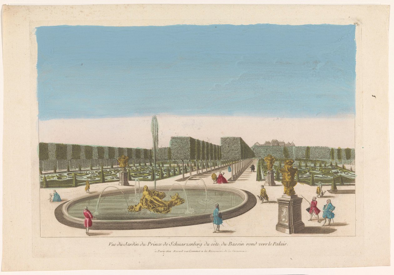 Näkymä suihkulähteelle Palais Schwarzenbergin puutarhasta lähellä Wienin kaupunkia Vue du jardin du Prince de Schwarzenberg du côte du bassin vers le palais