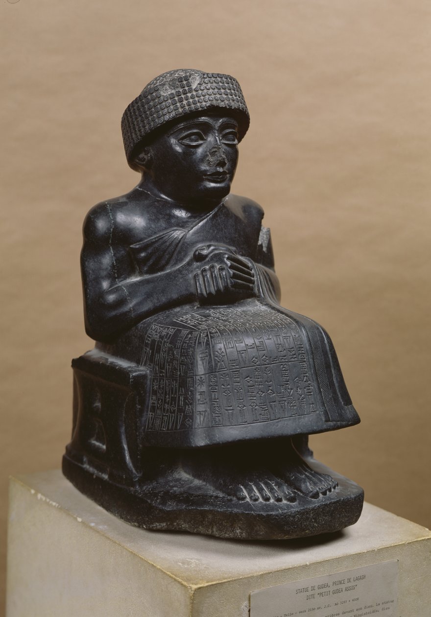 Gudea, Lagashin prinssi, uussumerilaisen Ningizzadalle omistettu patsas Tellohista, muinaisesta Girsusta, noin 2130 eKr. (dioriitti) (katso myös 71510 ja 208106) tekijältä Mesopotamian
