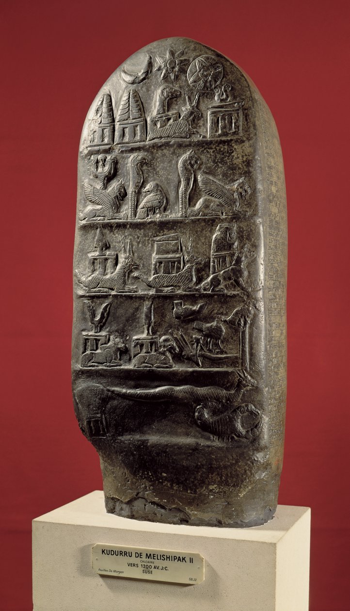 Kuningas Melishikhu II:n Kudurru, joka kuvaa Babylonian merkkejä, Susasta (kalsiitti) tekijältä Mesopotamian