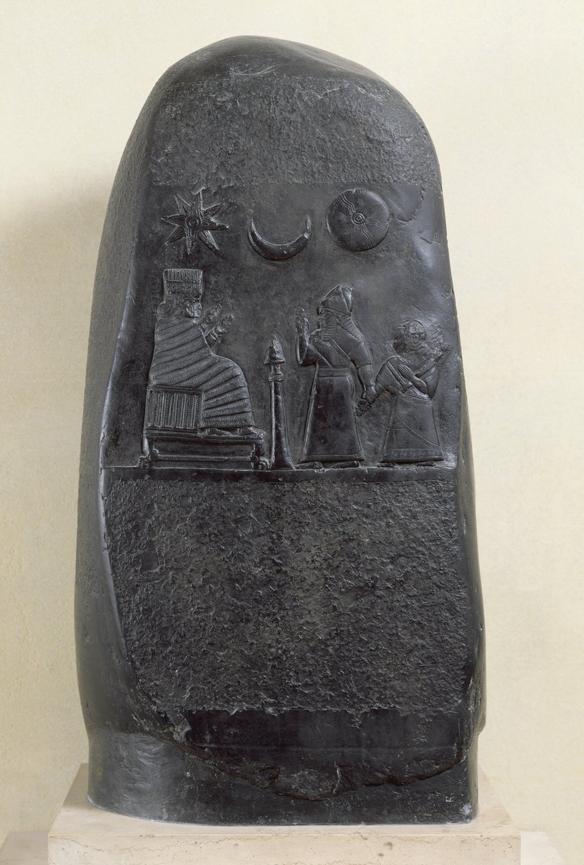 Kuningas Melishikhu II:n Kudurru kuvaa kuningasta esittelemässä tyttärensä jumalattarelle Babylonista (kalkkikivi) tekijältä Mesopotamian