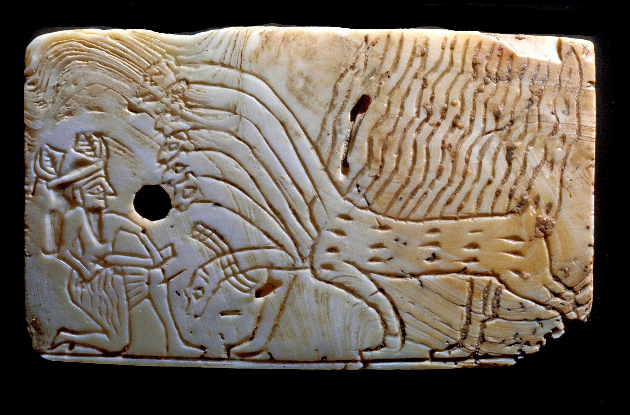 Kiltti, joka kuvaa Ninurtaa taistelemassa hirviön kanssa, noin 1450 eaa tekijältä Mesopotamian