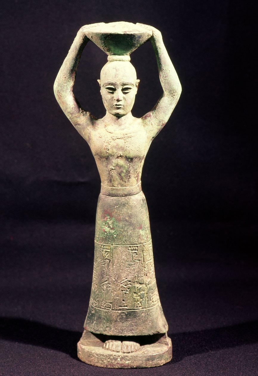 Uhrinkantajan patsas, jossa kynäkirjoitus, Urukista, protoliteraattikaudelta, 3. vuosituhat eKr. (pronssi) tekijältä Mesopotamian