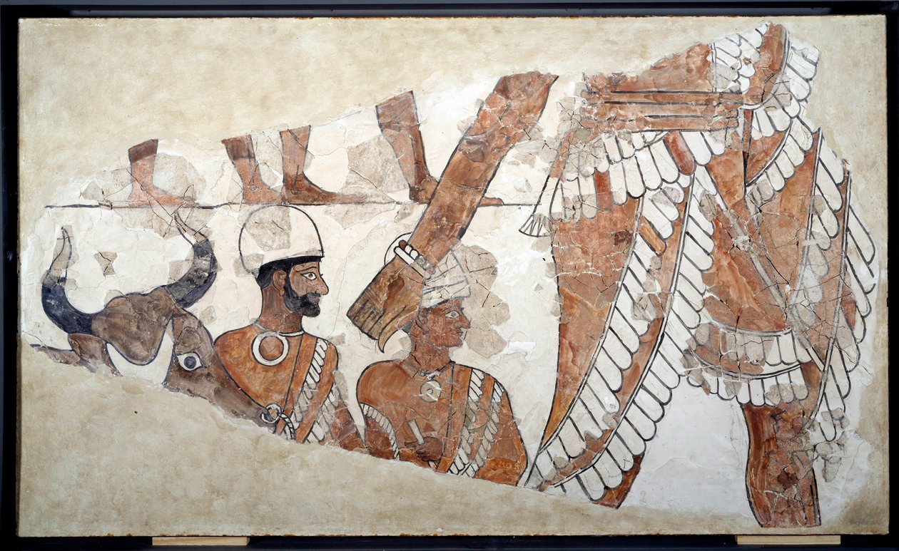 Mesopotamia: uhrausjärjestys. Yksityiskohta Zimri Limin palatsin freskosta (noin 1782-1759). 1700-luvulla eaa. Marilta. Pariisi, Louvre-museo tekijältä Mesopotamian