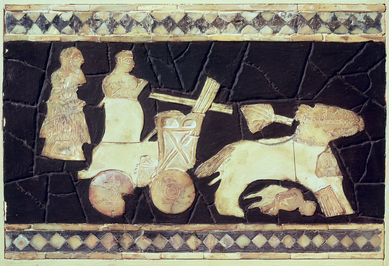 Kahden hevosen vetämät sotavaunut, 2800-2300 eKr. (norsunluu, helmiäinen ja mosaiikki) tekijältä Mesopotamian