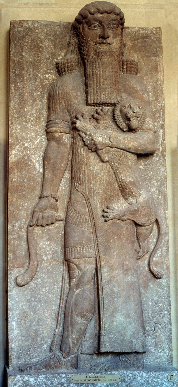 Mesopotamia: "" Sargonin patsas hallitsemassa leijonaa""" sanoi "" Gilgamesh"" Court Khorsabad (Khunsabad) 8. vuosisadalla. Pariisi, Louvre-museo tekijältä Mesopotamian Mesopotamian