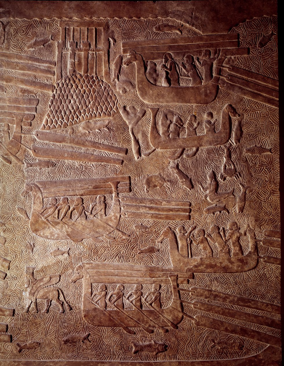 Mesopotamia: merellinen kohtaus, joka edustaa puun kuljetusta Libanoniin. Yksityiskohta matalan kohokuvion albastrista Khorsabadista (Khunsabad). Regne of Sargon II. 710 eaa. Pariisi, Louvre-museo tekijältä Mesopotamian Mesopotamian