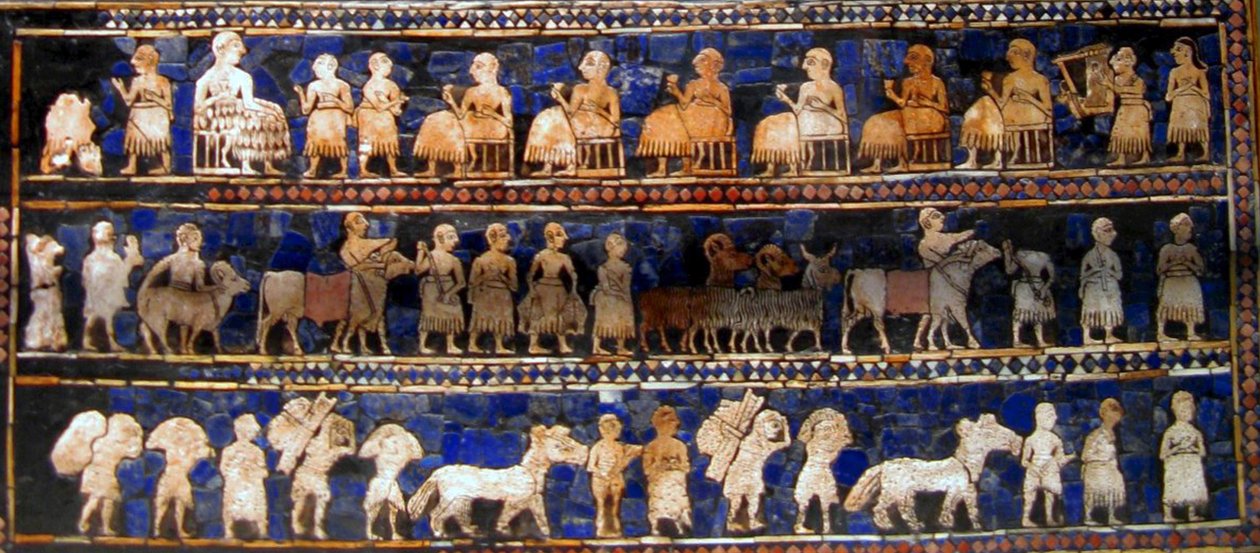 Rauhan paneeli Urin standardista, n. 2600-2400 eKr. (maali puulle). tekijältä Mesopotamian Mesopotamian